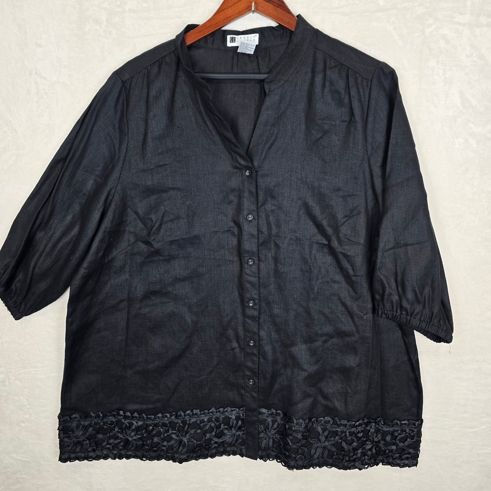 Vintage Carole Little 3X Woman Black 100% Linen Lace Hem Button Down Blouse
